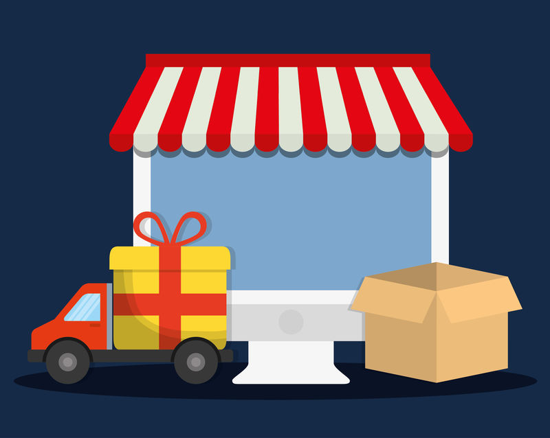 电脑购物网店市场图标。矢量图形