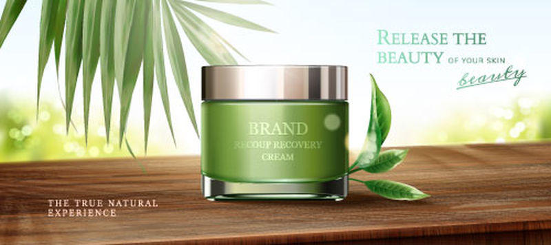 有机化妆品产品罐子模型在绿色模糊的背景框与树叶-杂志广告宣传模板-天然生态护肤霜写实3d矢量图