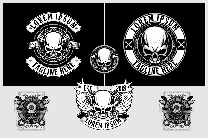 头骨正视图周围有不同的图案-一套白色复古横幅