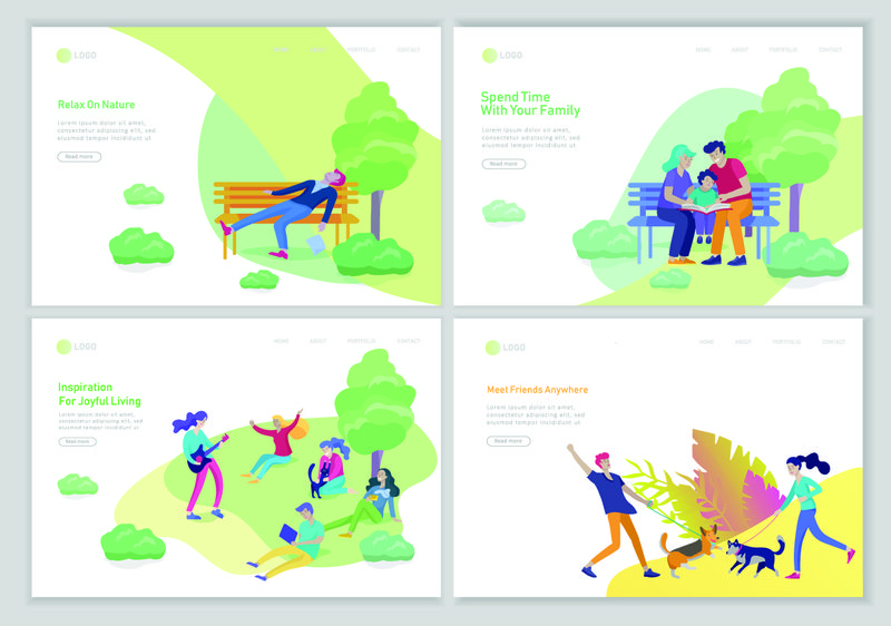 登陆页面模板与人们花时间-放松对大自然-家庭与儿童阅读书籍-遛狗-男人睡在长凳上-小组的人听弹吉他女孩-卡通插画