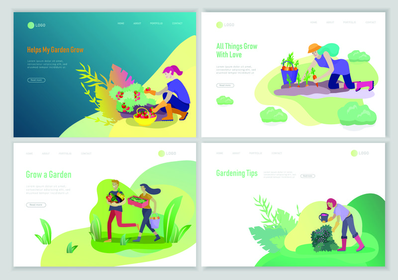 登录页模板与快乐的收获技巧和园艺人做农活-种植花园-浇水-种植-种植和移植芽-奠定蔬菜-卡通人物插图