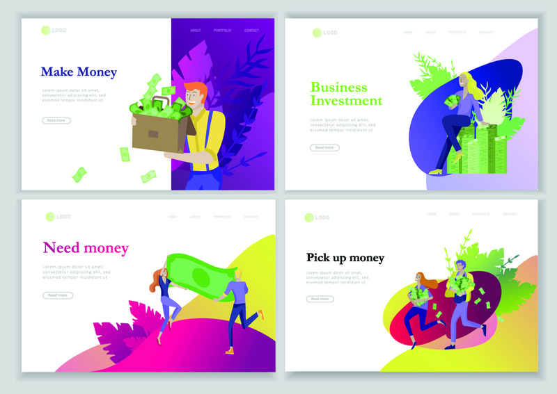 登陆页面模板快乐的人有钱-人物在移动赚钱-商业投资-钱雨-男人和女人用利润跑-抓钞票-卡通风格-平面矢量插图