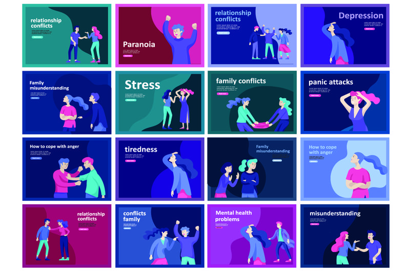 将人们带入不良情绪、性格冲突、愤怒或疲倦和压力之中-好斗的人互相吼叫-彩色平面概念图