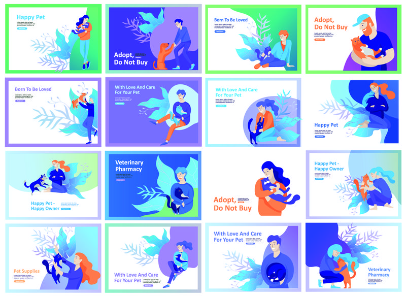 带有矢量符号的登录页模板集-快乐的人们和他们的宠物-猫爱它的主人-关心和爱-宠物店和兽医药房-动物日和收养-矢量