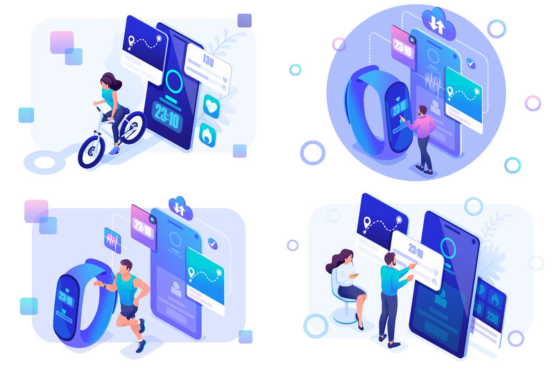 为智能手表和健身腕带设置等距移动应用程序测试概念-用于网站和移动网站开发