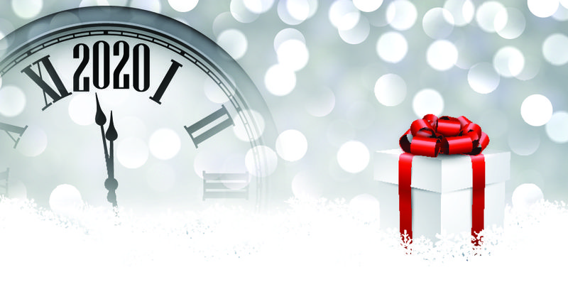 灰色闪亮的2020年新年背景配银色时钟-礼品盒配红色缎子蝴蝶结和雪花-漂亮的圣诞贺卡-矢量bokeh图解