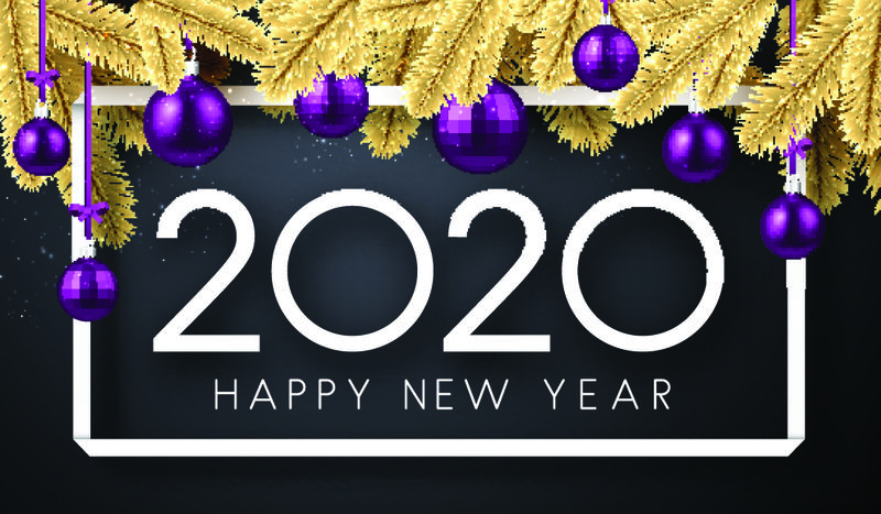 排版文字《2020年新年快乐》-金黄风格-烟火背景-欢迎信创意设计-2020年鼠年标志-传单-海报-横幅和日历