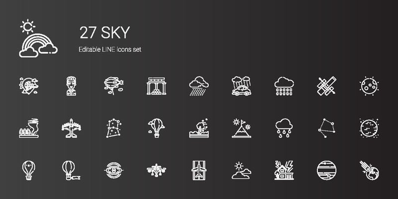 天空图标设置-天空与风暴-多云-跑道-飞机-星云-热气球-雨-山-飓风-星座-龙卷风的集合-可编辑和可缩放的天空图标