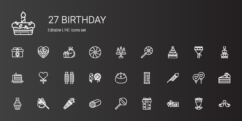 生日图标设置-收集生日礼券-礼物-棒棒糖-糖果-五彩纸屑-纸杯蛋糕-烟火-糖果-蛋糕-糖果-蛋糕片-可编辑和可缩放的生日图标
