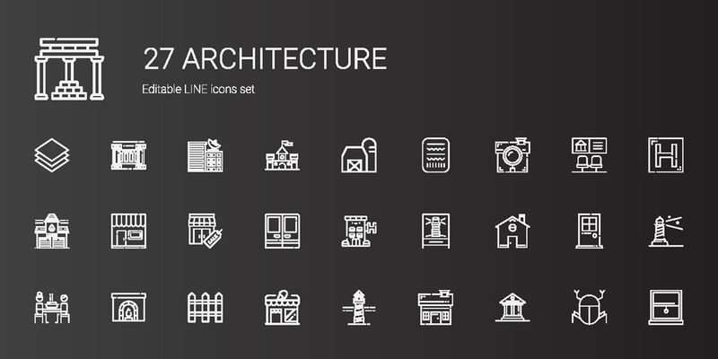 架构图标集-收藏建筑与博物馆-房子-灯塔-商店-栅栏-烟囱-韩国人-家-酒店-门-可编辑和可伸缩的架构图标