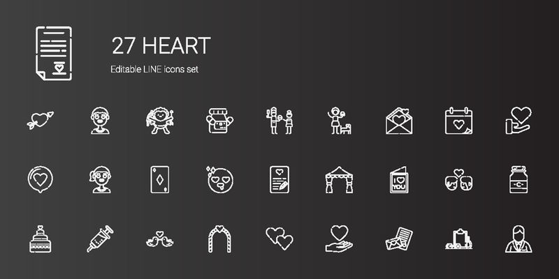 心脏图标设置-收藏心形情书-巧克力盒-站立-丘比特-男孩-爱-夫妇-健康食品-新娘-婚车-医院-可编辑和可缩放的心脏图标