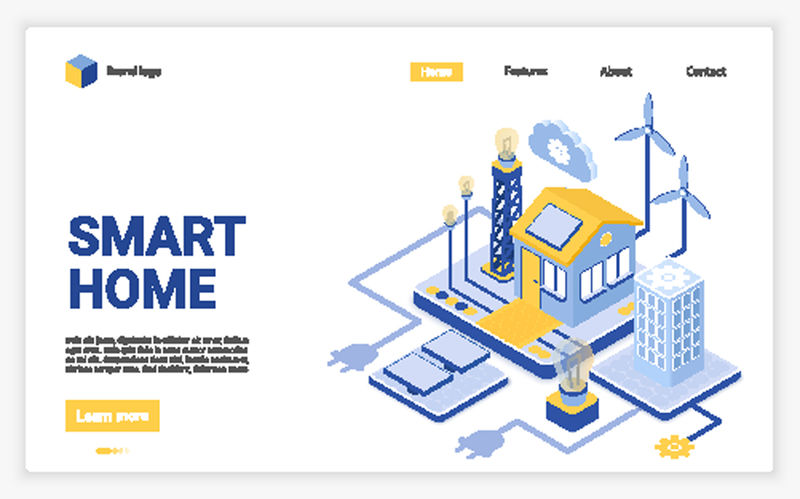 现代智能家居等距方案-绿色能源技术-登录页模板矢量图