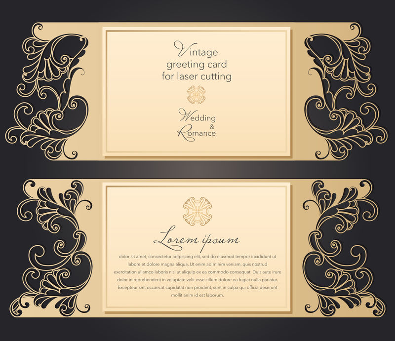 激光切割的婚礼请柬模板-带有复古风格的花边图案-带有华丽抽象装饰的贺卡信封-OpenWork矢量轮廓
