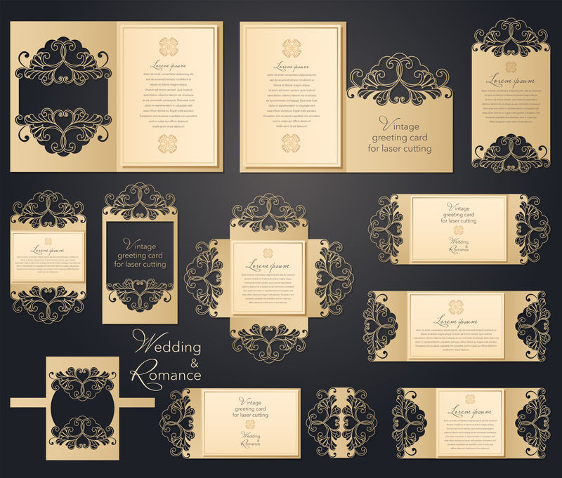 一套雕刻的婚礼信封-激光切割的口袋-口袋里装着祝贺、邀请、结婚卡、聚会、浪漫约会-用于剪纸和