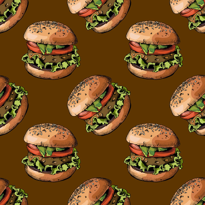 无缝图案-棕色背景上有汉堡图案-矢量图解