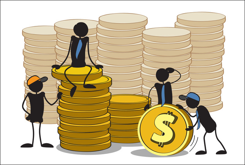 小白种人把硬币堆起来-团队合作-投资或银行理念-手绘卡通或素描设计-矢量图示