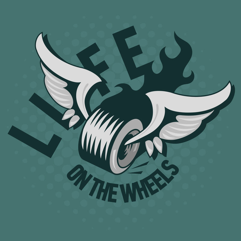 有翅膀和火的轮子。车轮上的生命。T恤印刷公司