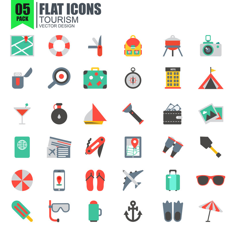 一套简单的旅游平面图标矢量设计包括旅游度假、酒店服务、旅游交通等-像素完美-可用于网站、信息图表、移动应用程序