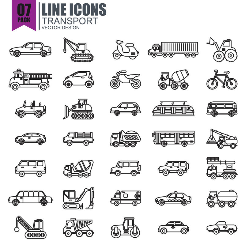 一套简单的交通线图标矢量设计-包括出租车、火车、电车、公共汽车、汽车、拖拉机、起重机等-像素完美-可用于网站、信息图表、移动应用程序