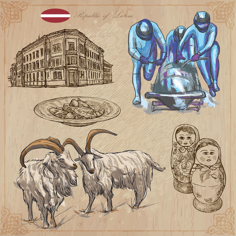 拉脱维亚。写意向量。手绘收藏。线条艺术。