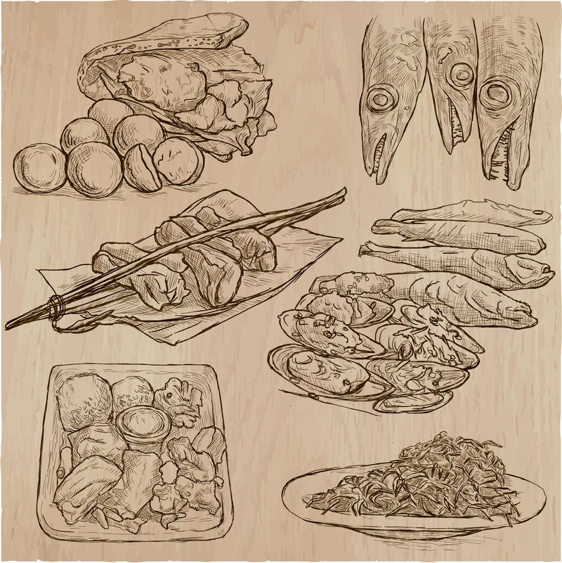 世界各地的食物-矢量集。手绘的。