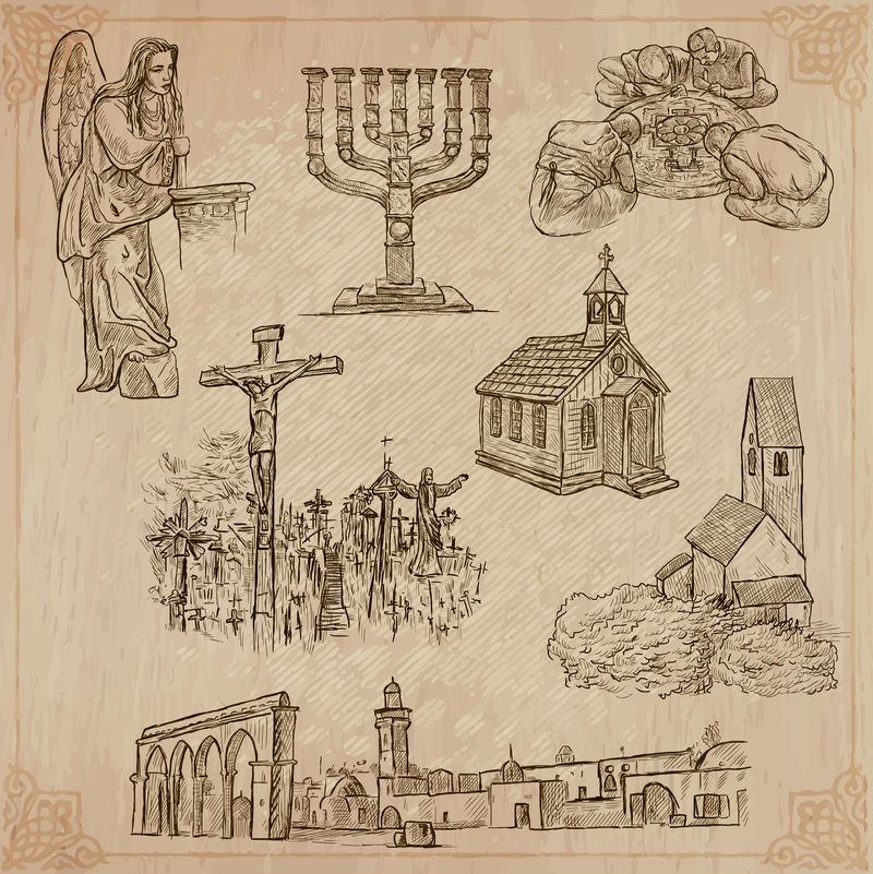 世界各地的宗教。矢量包。