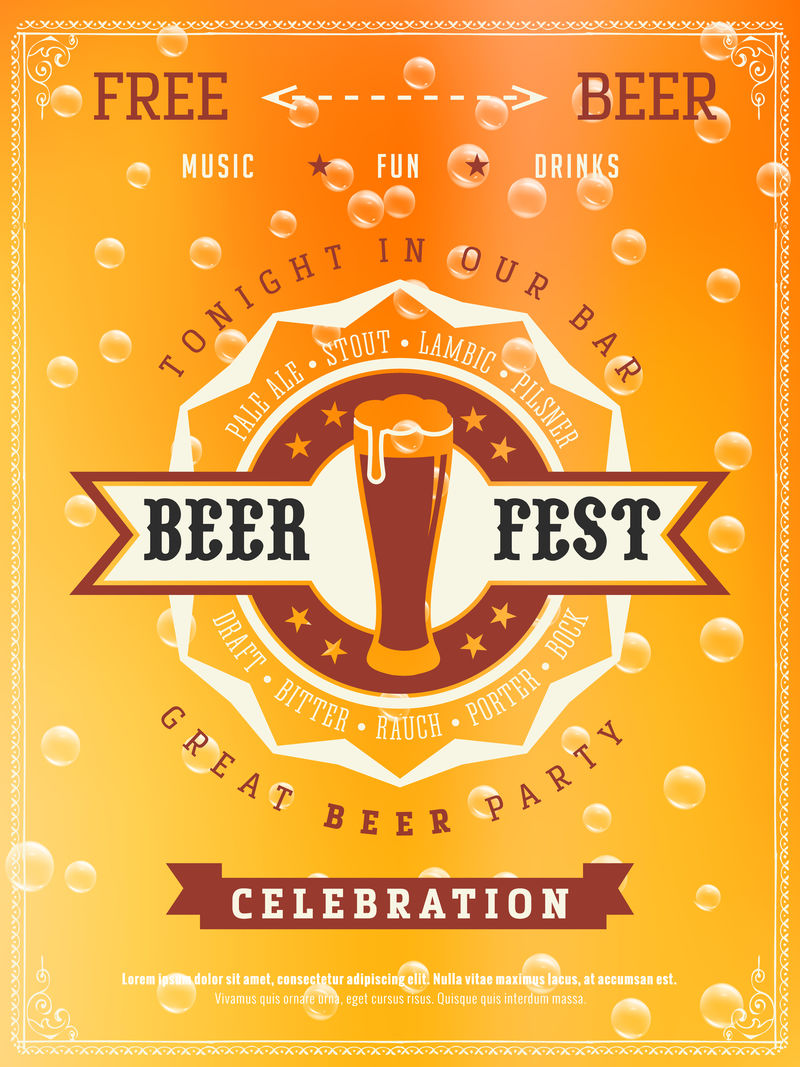 啤酒节海报设计模板-啤酒质感与气泡和标志-啤酒节背景