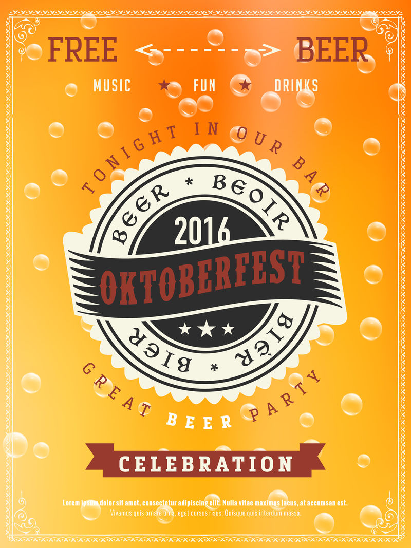 啤酒节海报设计模板-啤酒质感与气泡和标志-啤酒节背景