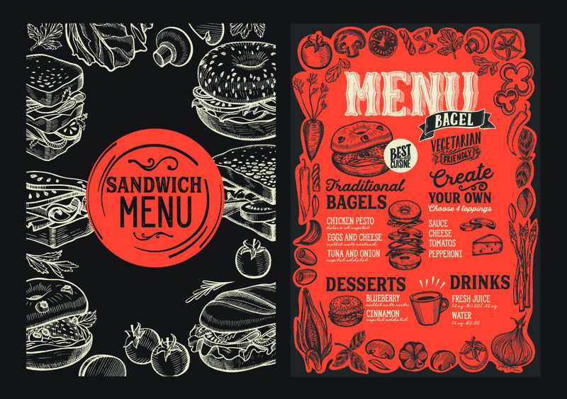 餐厅的百吉饼和三明治菜单，带图形蔬菜框架