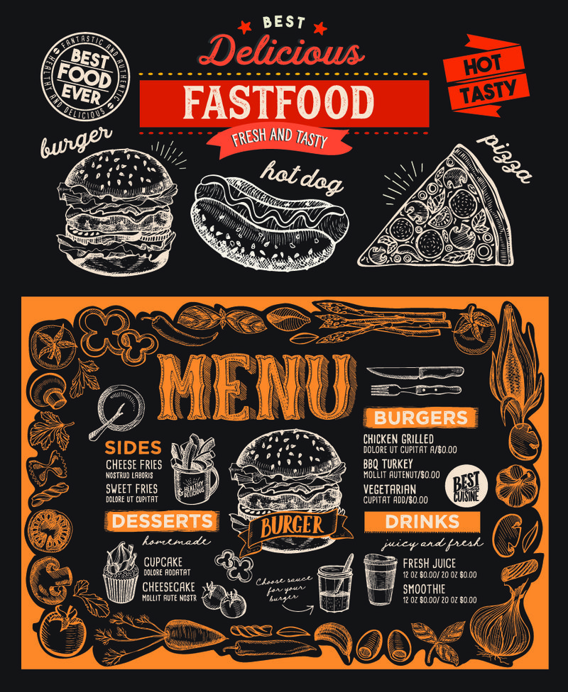 手绘涂鸦餐厅汉堡菜单食品模板