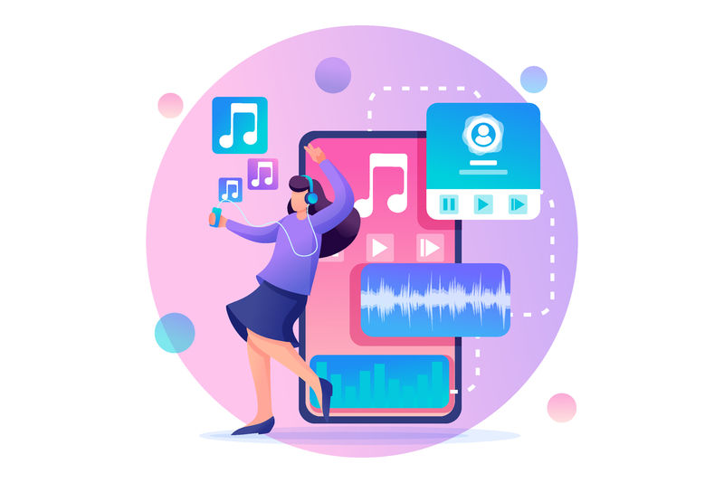 小女孩通过应用程序在智能手机上听音乐-一边跳舞一边欢呼雀跃-平面二维字符-网页设计概念