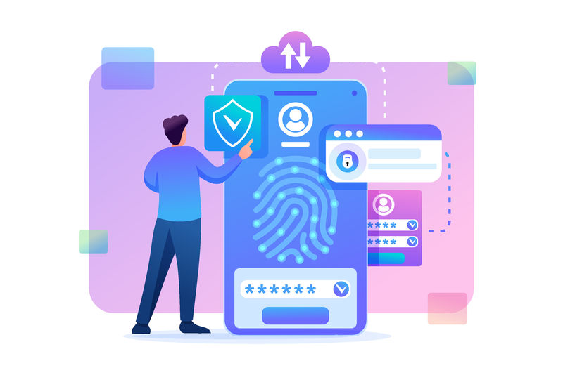 有手机-数据保护-生物识别锁的年轻人-平面二维字符-网页设计概念