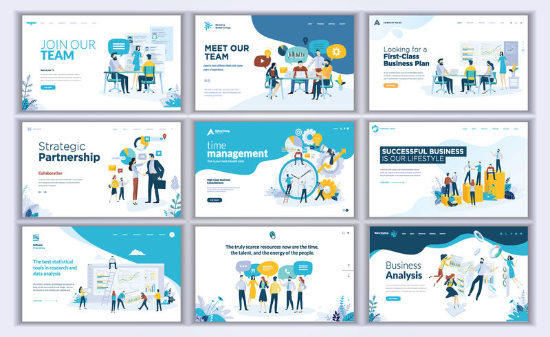 用于商业应用程序、数据分析、职业、沟通、团队合作的网页设计模板集-网站和移动网站开发的现代矢量插图概念