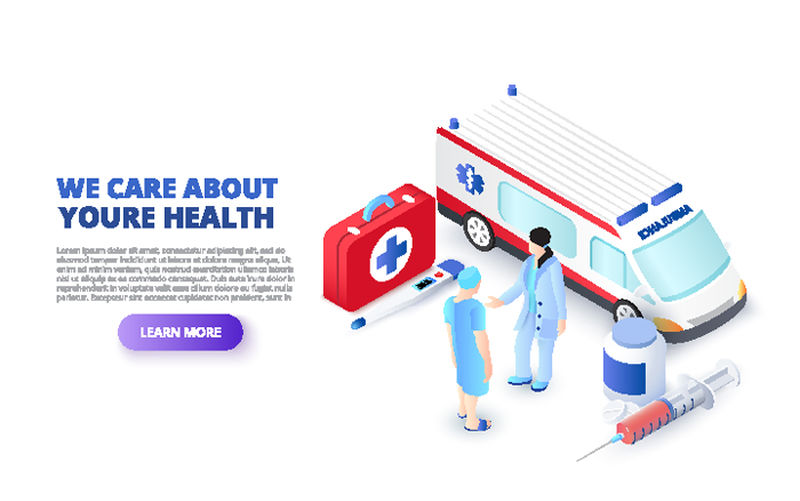 医疗概念与救护车和医生-等距矢量图-web的登录页模板