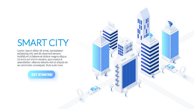 等距智能城市插图-拥有摩天大楼和智能建筑的商务中心-与计算机网络相连的城市街道-物联网概念
