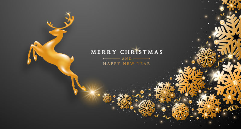 圣诞快乐-金色的雪花在黑暗的背景下闪闪发光-可用于装饰、横幅和卡片