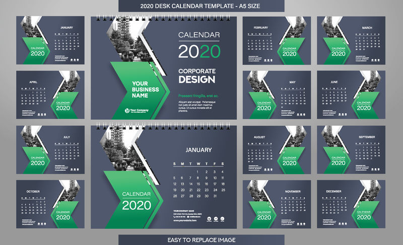 桌面日历2020模板-包括12个月-A5大小