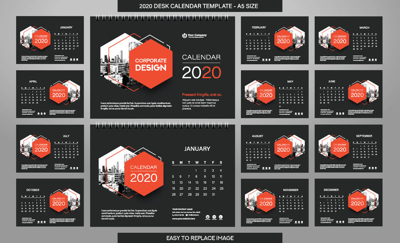 桌面日历2020模板-包括12个月-A5大小