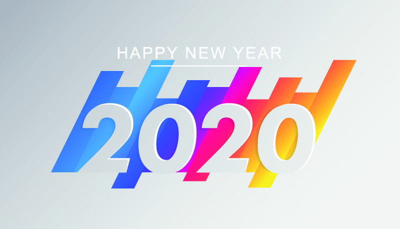 2020年新年快乐-白色背景的彩色贺卡-最小设计-带有白色数字的颜色渐变-2020年文本假日横幅-矢量图解