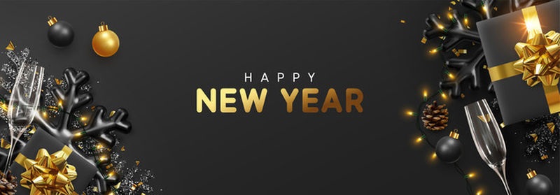 新年快乐横幅-背景圣诞灯饰设计闪烁的灯光-与现实的礼品盒-黑色的三维雪花和金光闪闪的五彩纸屑-横向圣诞贺卡、标题、网站