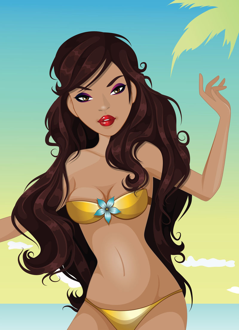 一个穿着泳衣的美女躺在沙滩上的矢量图-夏日海滩假日海报复古波普艺术漫画风格