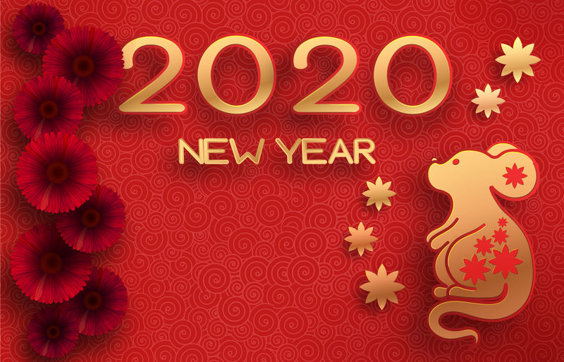 金色鼠标在有纹理的红色背景上-中国星象主题模板-东历-鼠年-空间贺卡
