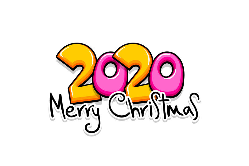 2020年卡通年号素描涂鸦风格-2020年卡通迎宾平面矢量图-亮色漫画文本2020草图圣诞字母