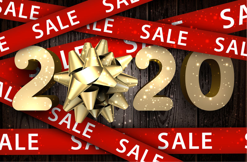 2020年的木制销售-背景为金色时钟和红色丝带-圣诞节促销、季节性促销和营销模板-矢量图