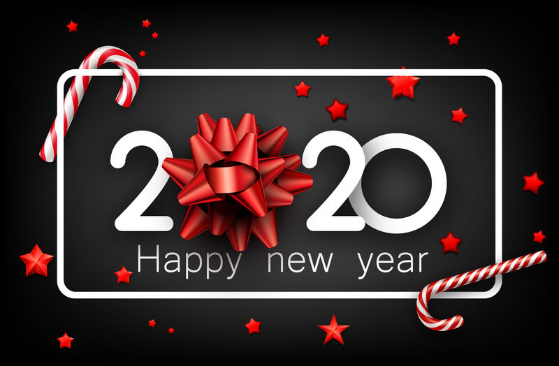 灰色2020新年快乐背景-糖果、红色蝴蝶结和星星-矢量图解
