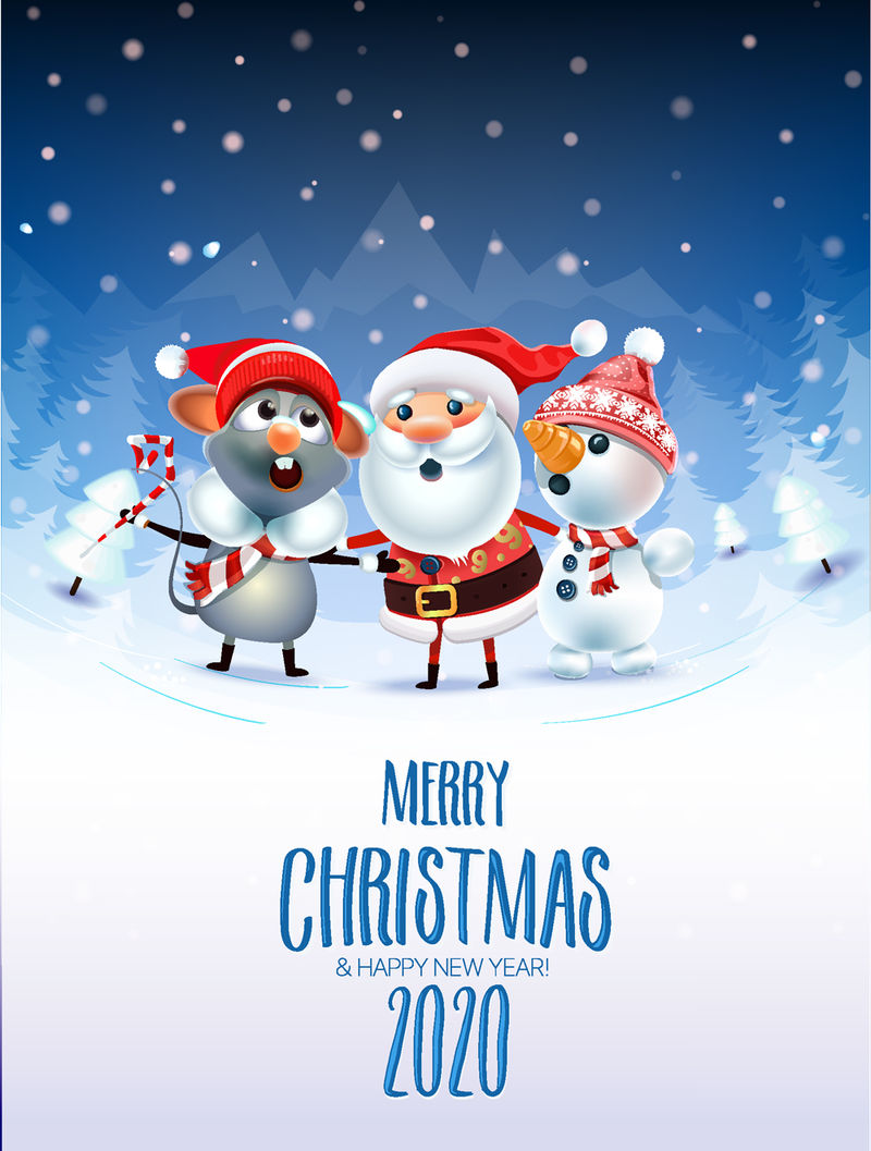 2020圣诞新年快乐海报-圣诞老人雪人-象征2020年的老鼠在雪地里的圣诞树上唱圣诞歌-请柬和假日模板.Vector