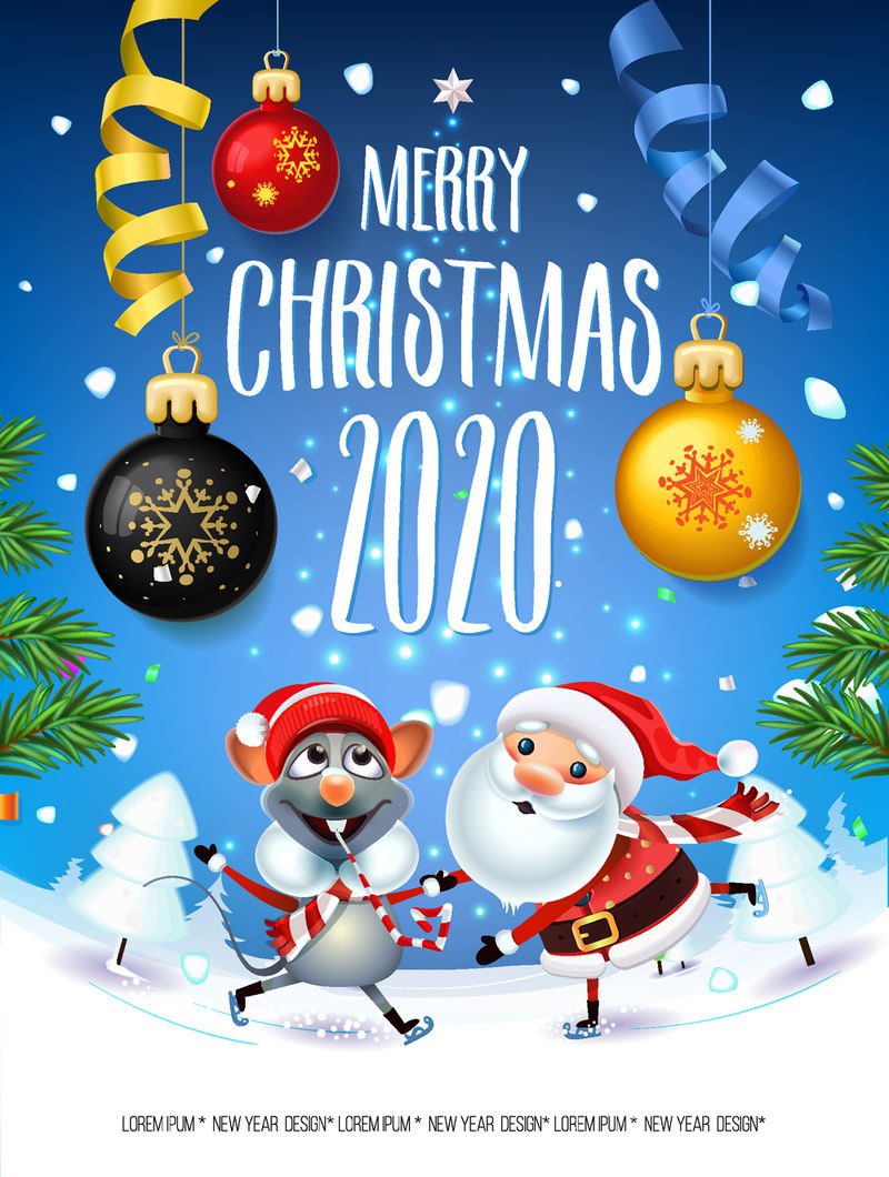 圣诞老人穿着冰鞋-象征着2020年的金属老鼠-带着圣诞树奔向田野度假-2020年是雪光灿烂的圣诞节