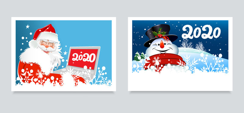 你设计的圣诞卡-两张可爱的照片-上面有快乐的圣诞老人和蓝色的雪人-带着笔记本电脑的圣诞老人-雪人在冬季森林的背景下模板：贺卡