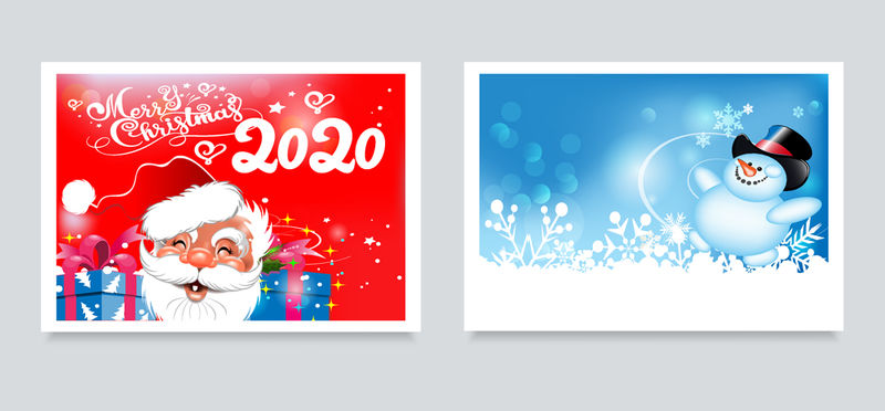 你设计的圣诞卡-两张可爱的图片：红色背景的圣诞老人和蓝色背景的雪人-节日设计模板：横幅、海报、请柬