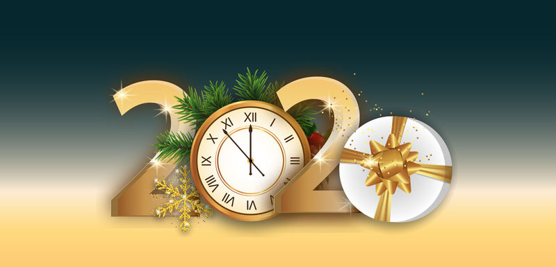 2020数字新年海报-金色时钟和礼品盒装饰树枝圣诞树和雪花-动态设计元素为传单-销售-聚会等矢量插图